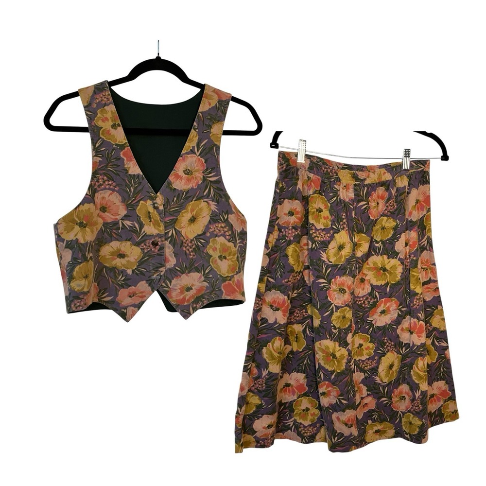 Vintage Floral Corduroy Two Piece Set Vest and Midi Skirt Purple Yellow Multi